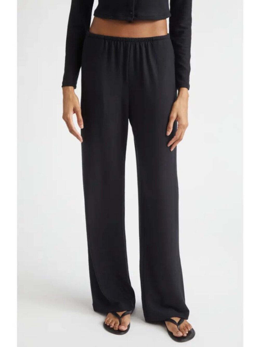 LESET Black Lauren Knit Wide Leg Pants Low Waist Relaxed Pull On Flowy Size M